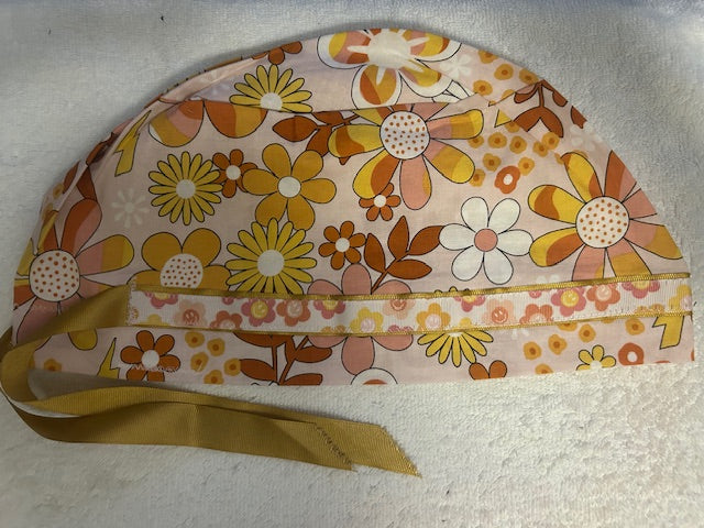 Retro Floral Scrub Caps with Ribbon Ties