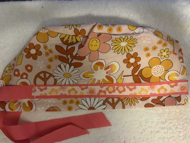 Retro Floral Scrub Caps with Ribbon Ties